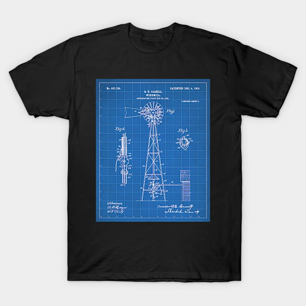 Windmill Patent - Farmer Rancher Country Farmhouse Art - Blueprint T-Shirt by patentpress